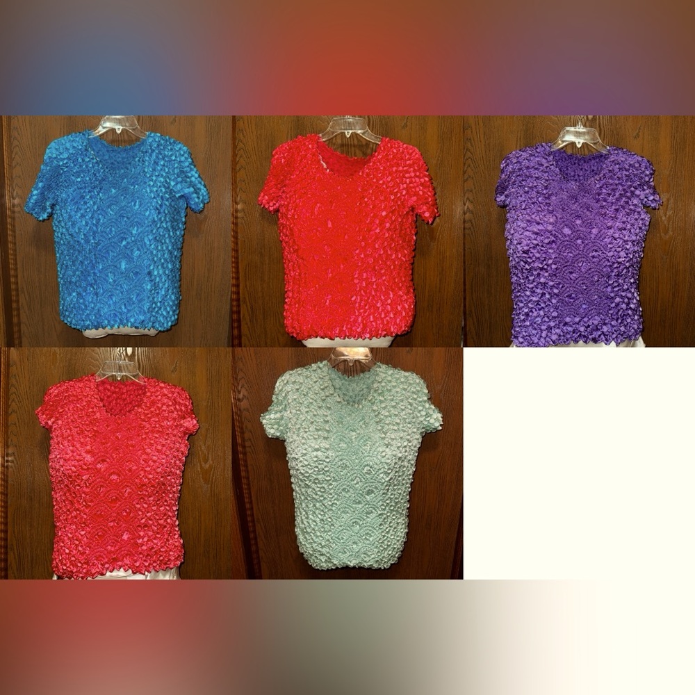 Women’s Puffy-Popcorn Stretchy short sleeved tops. Blue coral pink purple mint